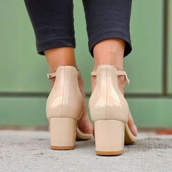 Women Ankle Straps Low Chunky Heels Sandals Beige Color - Picture 6 of 6